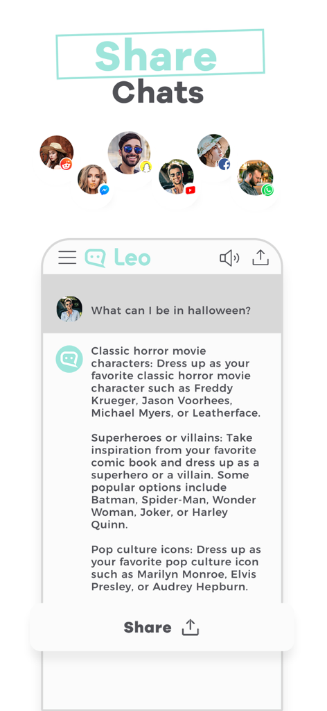 Interfaccia dell'app Leo AI che mostra una chat sui costumi di Halloween e le opzioni di condivisione sui social media.