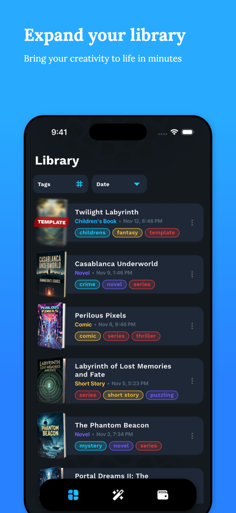 AI Book Writer - Nellie - Digital library interface in the Nellie AI Book Writer app showcasing various book projects like novels and comics