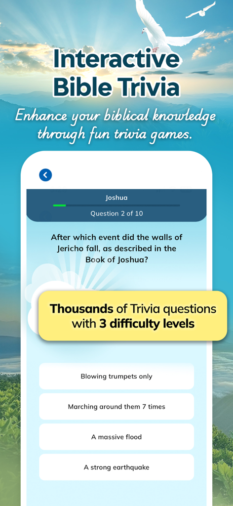 Bible Chat: Study・Daily Verse - A screen from the Bible Chat app showing an interactive multiple choice trivia question about the Book of Joshua.