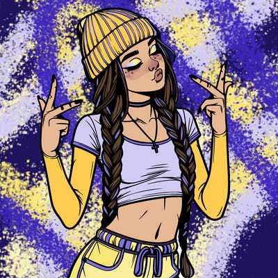 realistic teenage girl with braids and a beanie and crop top doing 🫶🏼