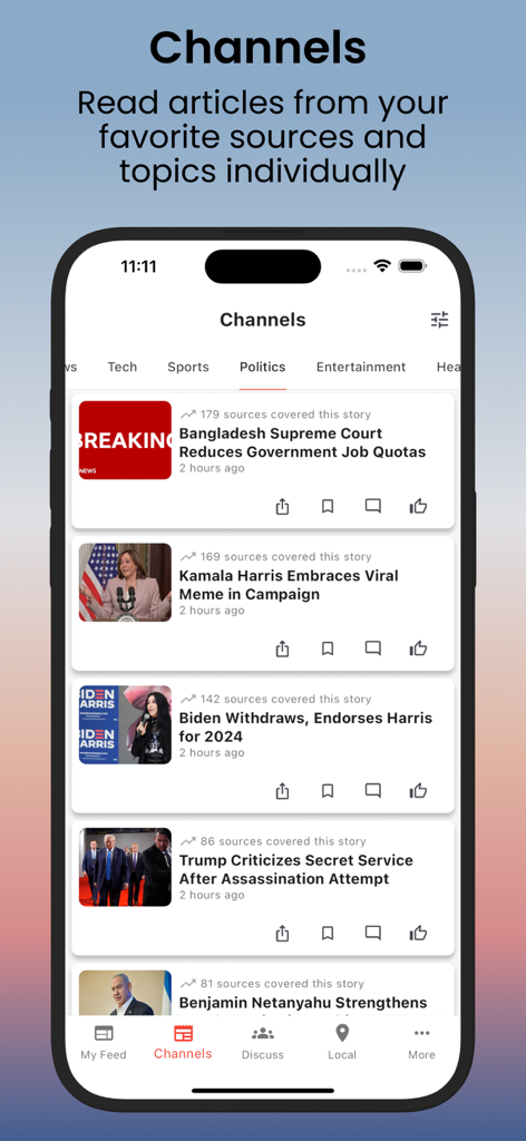 Pantalla de la aplicación móvil que muestra artículos de noticias políticas y resúmenes de IA categorizados por canales