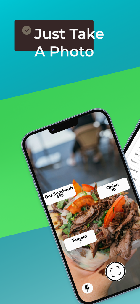 A smartphone interface showing Juula's AI-powered food recognition feature identifying ingredients and calories in a Middle Eastern dish.
