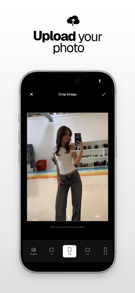 Style4u - A smartphone screen showing the Style4u app interface for uploading and cropping a personal photo for virtual clothing try-on.