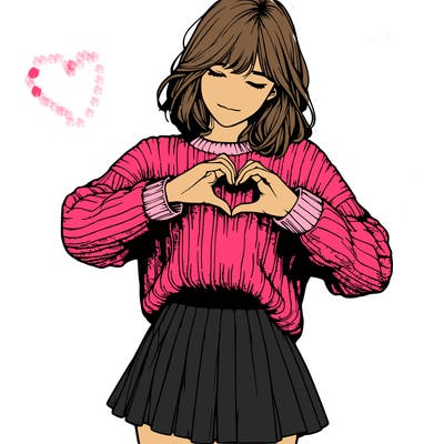 realistic girl in sweater and skirt making a heart with her hands
