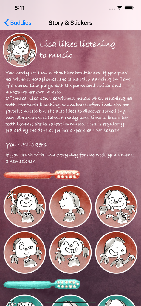 MyTeeth - Story and collectible reward stickers for character Lisa in the MyTeeth dental hygiene app