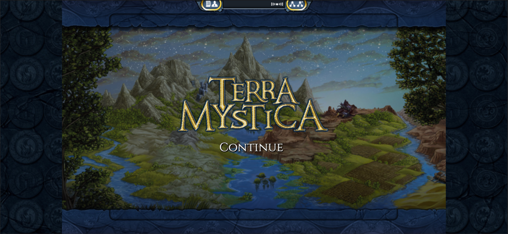 Terra Mystica mobile game title screen showing a fantasy landscape with mountains and rivers