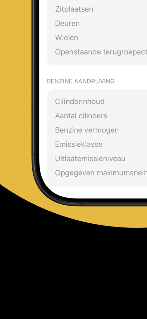Tela mostrando detalhes técnicos do veículo, como cilindrada do motor e classe de emissão no aplicativo Kenteken Scanner