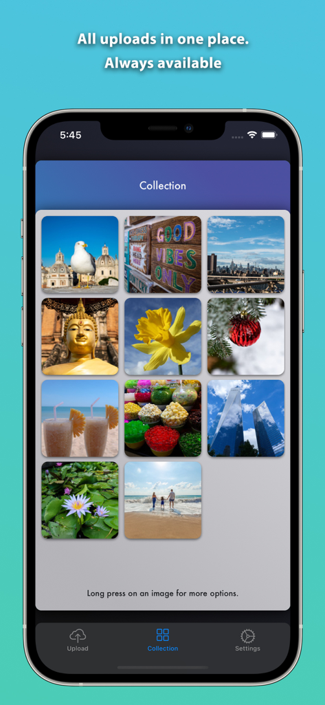 ImgBB Uploader App-Oberfläche zeigt ein Raster von hochgeladenen Fotos in der Sammlungsansicht.