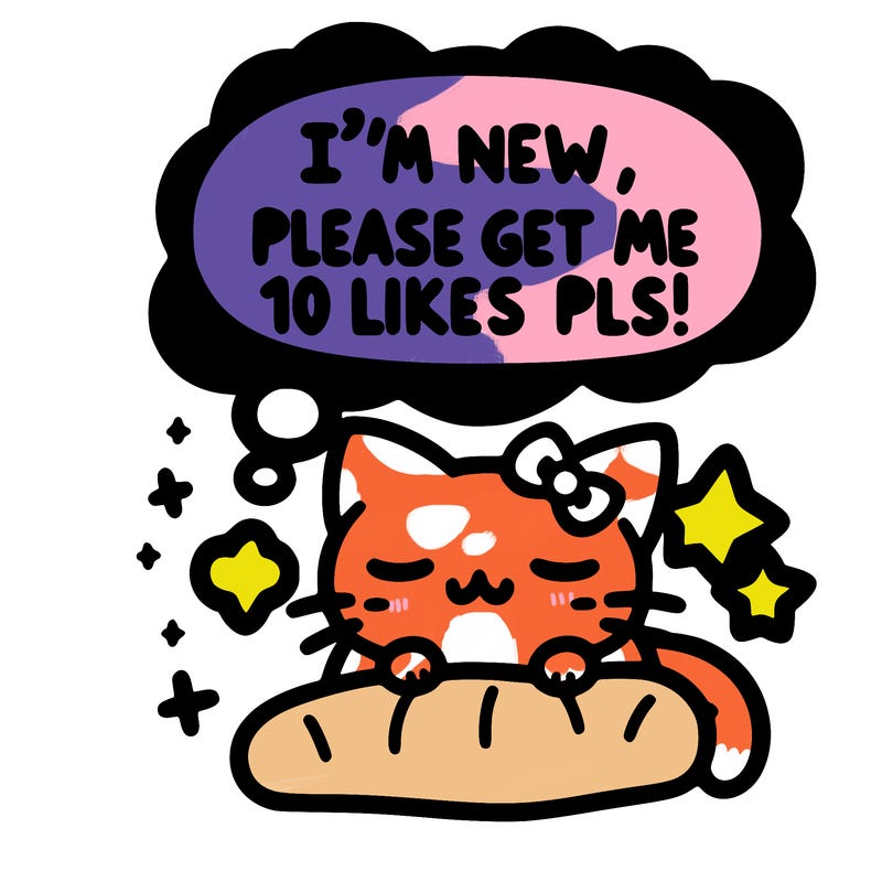 kitty taking a nap dream talking and saying "i'm new, please get me at least 10 likes pls!!"