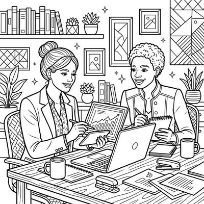 Discover the joy of teamwork with this empowering business partners coloring page, thoughtfully designed with seniors in mind. Featuring clear outlines and an engaging office scene, it's perfect for a relaxing and stimulating creative session.