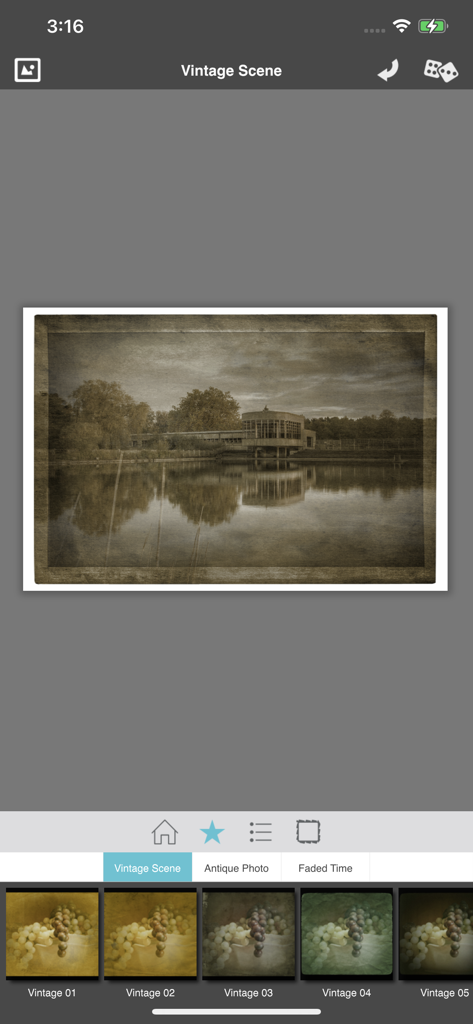 Vintage Scene - Vintage Scene app interface showing an edited landscape photo with a sepia filter and aged paper effect