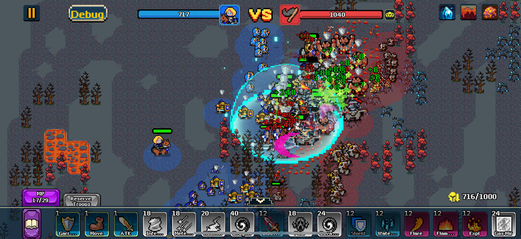 Empires Game - Una escena de batalla táctica de auto-chess en Empires Game con unidades pixel art y un efecto de habilidad de escudo azul.