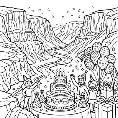 Embark on a one-of-a-kind celebration with this coloring page, featuring a lively birthday party nestled within breathtaking glacial canyons. It's the perfect blend of natural wonder and festive joy for all ages to color.