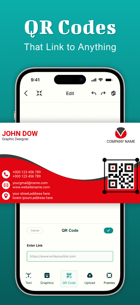 Business Card Maker : Creator - Interface showing the process of adding a custom QR code to a business card design within the app