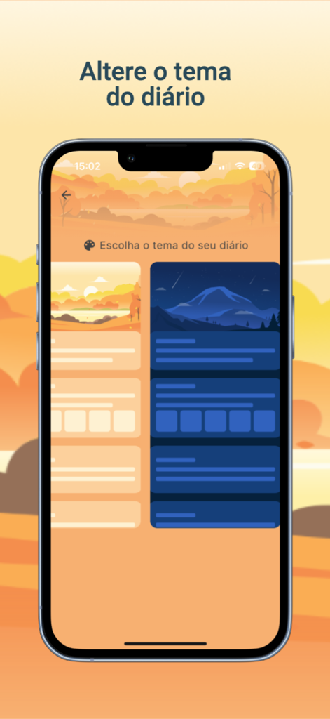 Diário Pessoal - Interface do aplicativo Diário Pessoal mostrando opções de temas claro e escuro com ilustrações de paisagens.