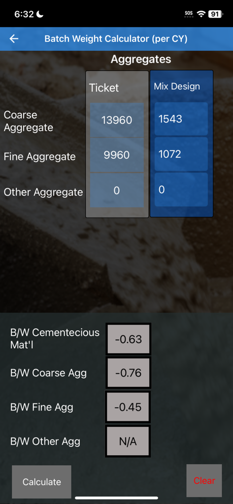 Water Cement Ratio And More - Mobile interface of the batch weight calculator for concrete aggregates showing ticket and mix design data fields.
