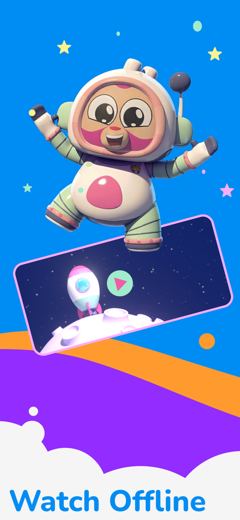 A cute cartoon character in a space suit with a video player and the text watch offline