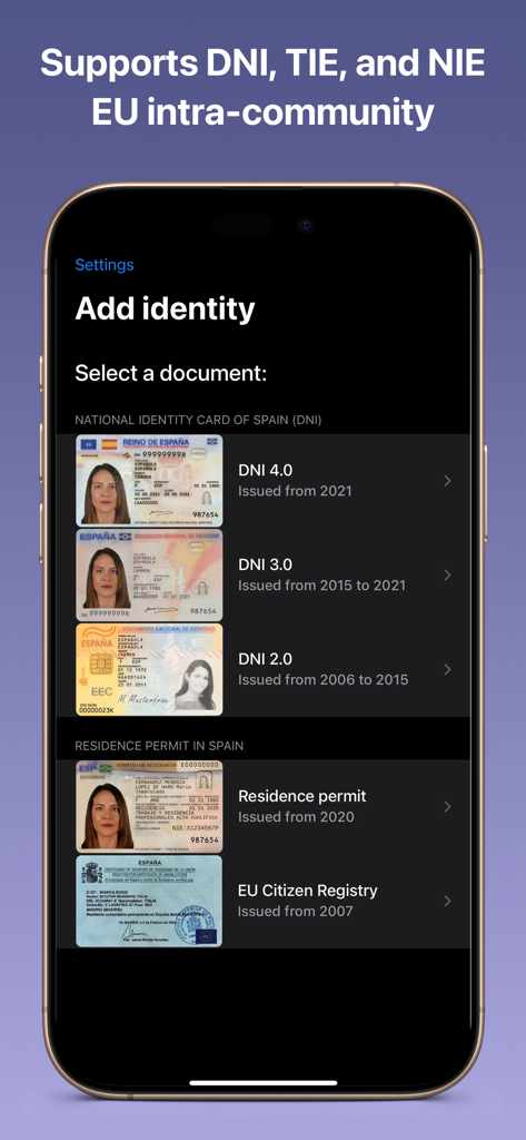 A screenshot of the DNI Wallet plus app showing various Spanish and EU identity document selection options.