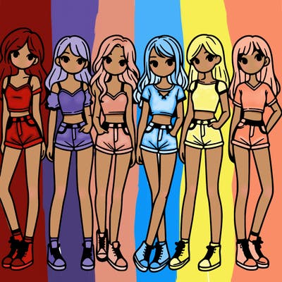 a group of girls wearing crop tops and shorts