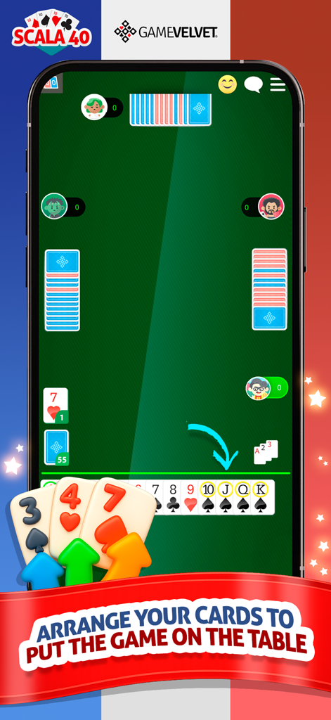 Schermata di gioco di Scala 40 che mostra le carte disposte su un tavolo digitale.