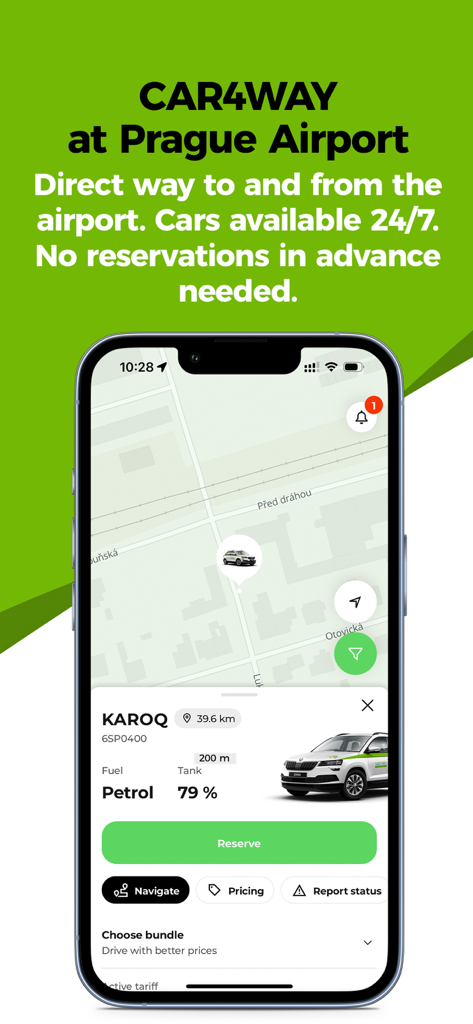 CAR4WAY carsharing - Smartphone displaying the CAR4WAY app interface with a map and car reservation details for Prague Airport