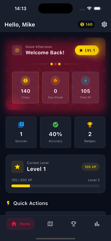 Casino Universe - Casino Universe App Startbildschirm zeigt Benutzerlevel-Fortschritt, Chips und Quiz-Leistungsstatistiken.
