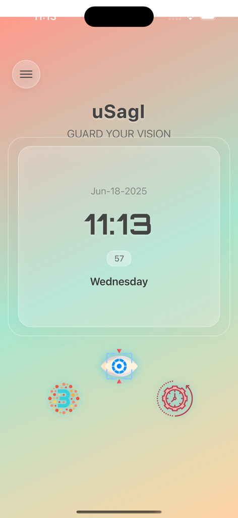 uSagI Eyes Protect - Pantalla de inicio de la aplicación uSagI Eyes Protect con iconos de reloj y pruebas de salud visual