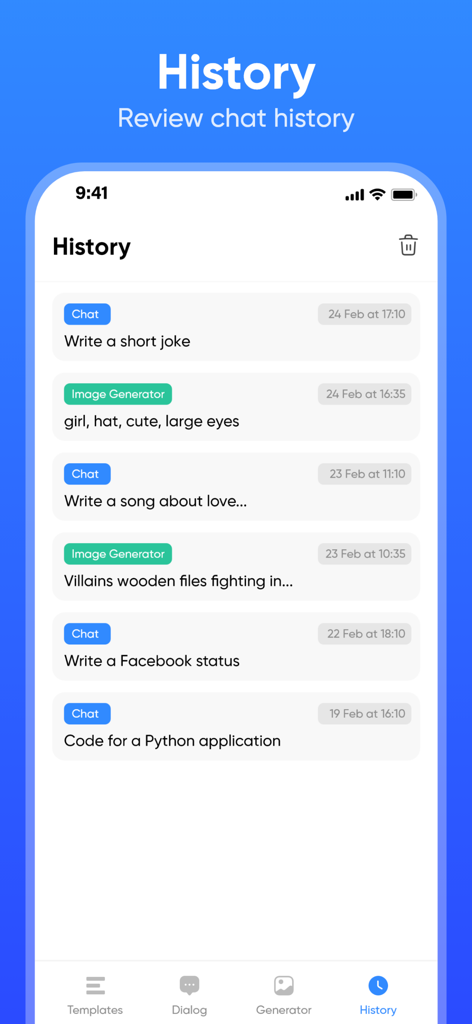 Chat AI & Generator - Mobile app interface showing a list of past chat messages and generated image prompts categorized by date