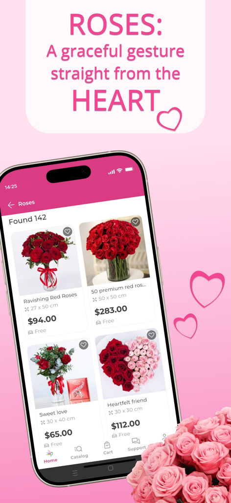 My Global Flowers Delivery - Pantalla de la aplicación móvil que muestra varios ramos de rosas para entrega internacional de flores con precios en USD.