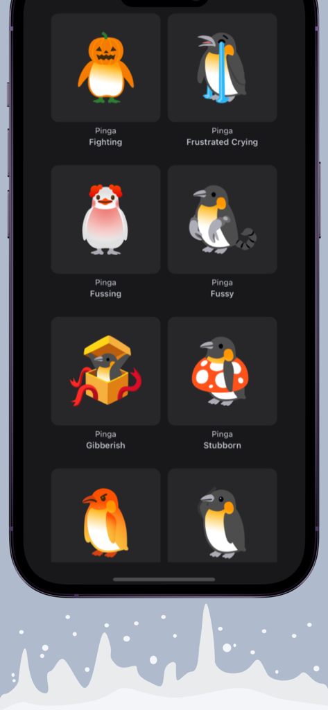 Pinguin Soundboard app interface showing sound effect tiles for characters like Pinga in dark mode