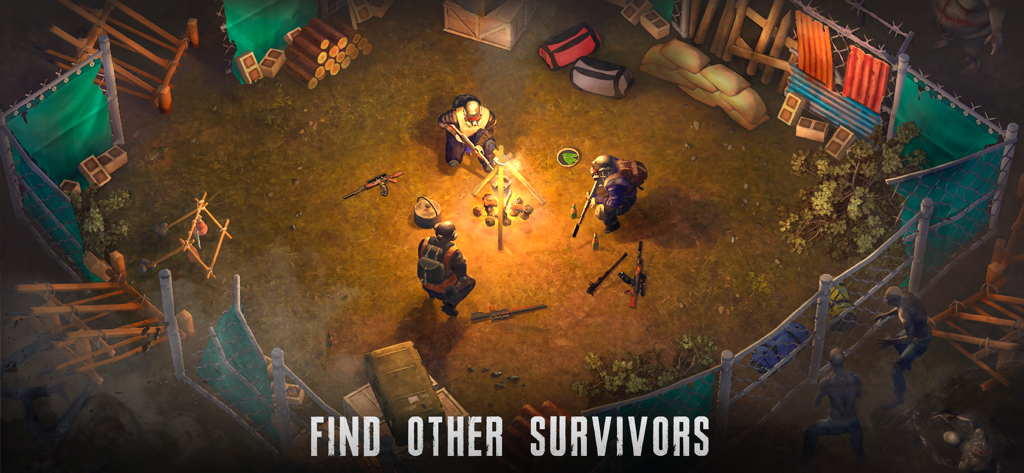 Live or Die: Zombie Survival - Survivors sitting around a campfire in a fortified camp while zombies lurk outside