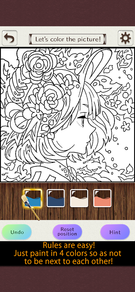 Coloring puzzle-Colorful Games - A black and white line drawing of a girl in a floral hat within a coloring puzzle interface showing a four color palette and game rules.