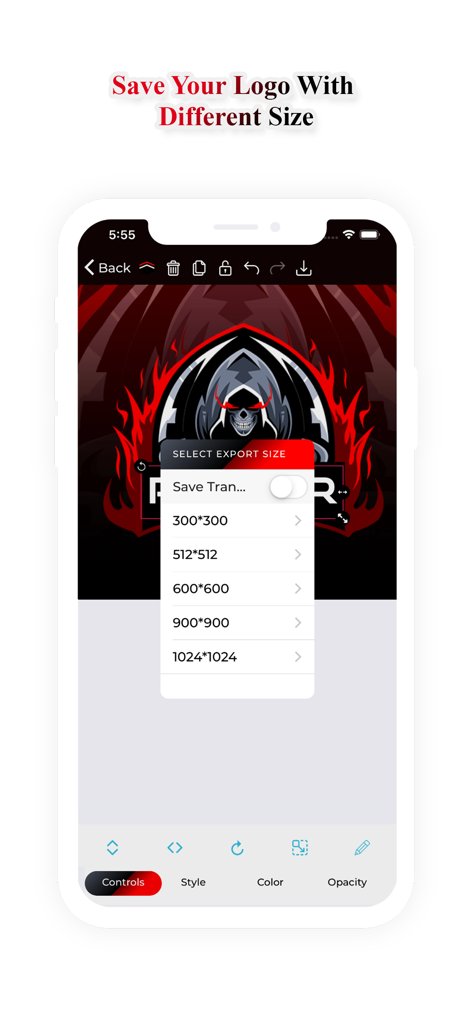 Interface of a mobile app for selecting various export sizes for a custom gaming mascot logo