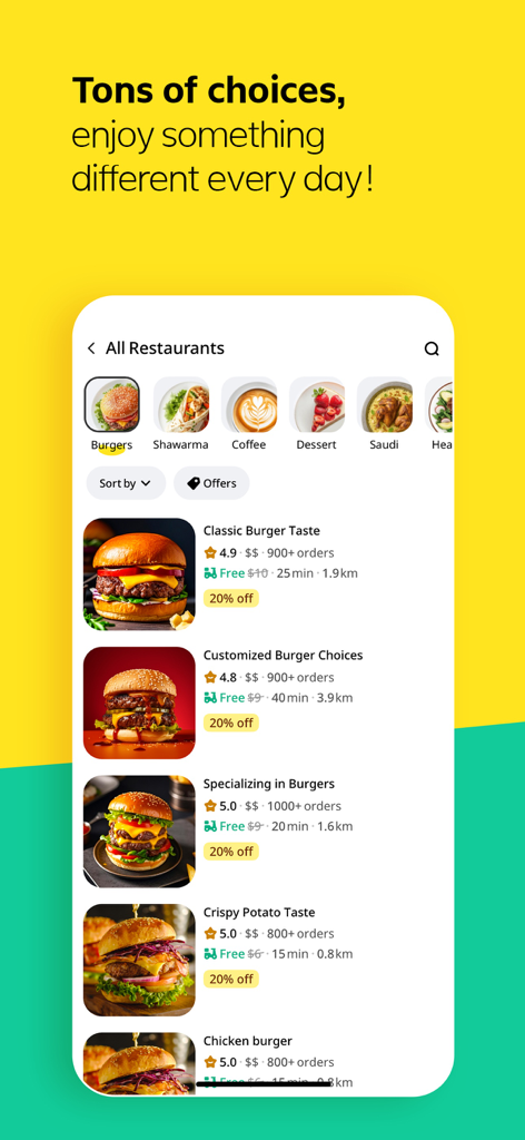 Keeta - Food Delivery - Keeta food delivery app interface showing burger restaurant listings with discounts and free delivery