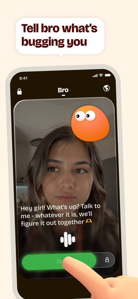 Bro - lockscreen buddy - A smartphone screen showing the Bro app voice chat interface with a supportive message from an AI buddy.