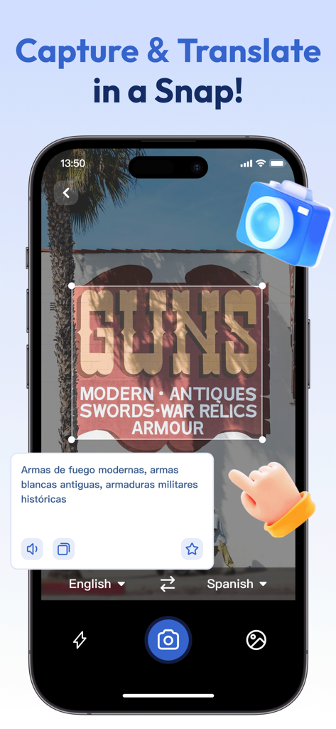 PrimeTranslate - Interfaz de la aplicación PrimeTranslate que muestra una traducción en tiempo real con la cámara de un letrero en inglés al español