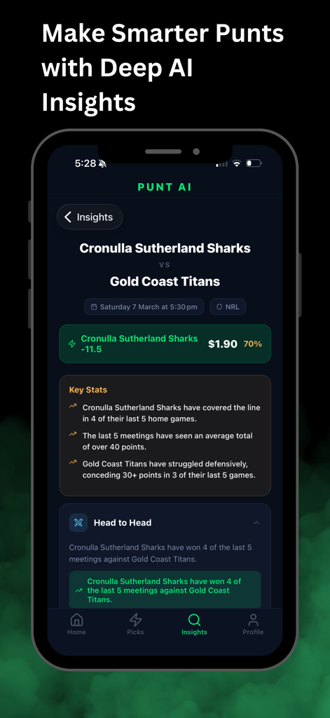 PuntAI: Aussie Sport Analytics - PuntAI app screen displaying AI-driven sports analytics and key statistics for an NRL game between the Sharks and the Titans