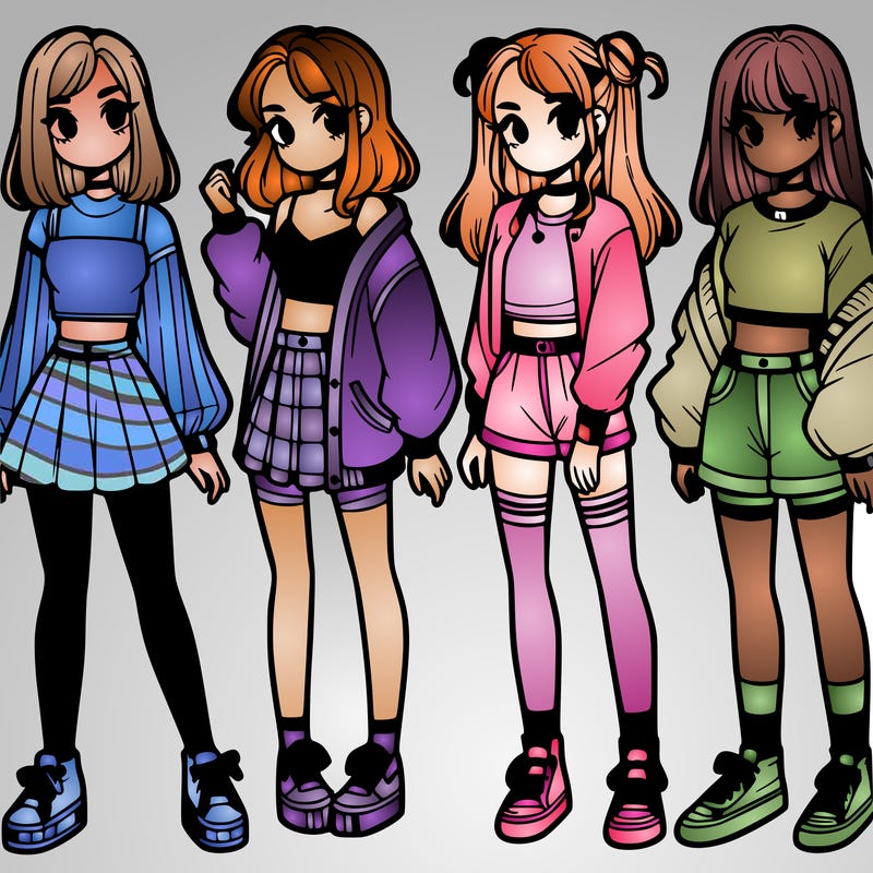 one girl with crop-top shirt and a jacket with a skirt, long socks and another girl with a shirt and pants with a jacket