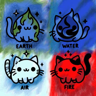 4 cats that represent the different elements, earth, water, air, and fire