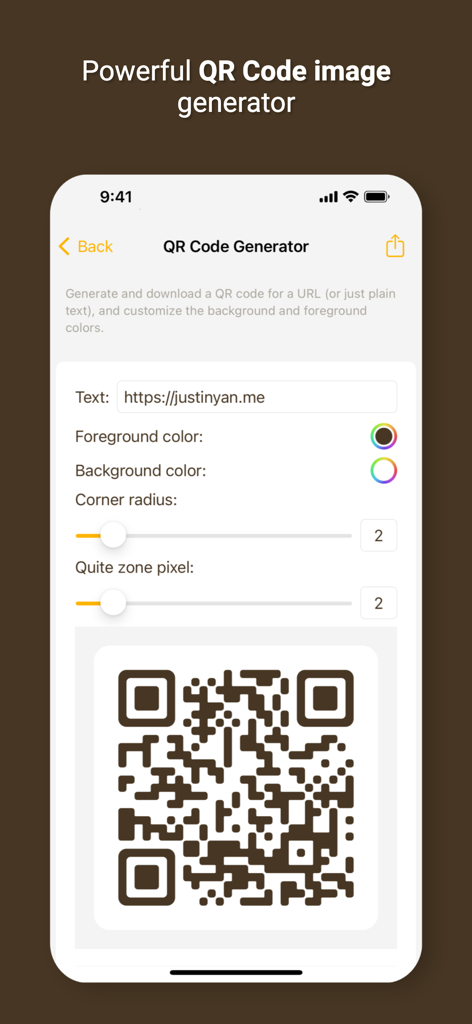 Oberfläche des QR-Code-Generator-Tools in der Just Toolbox App mit Anpassungsoptionen