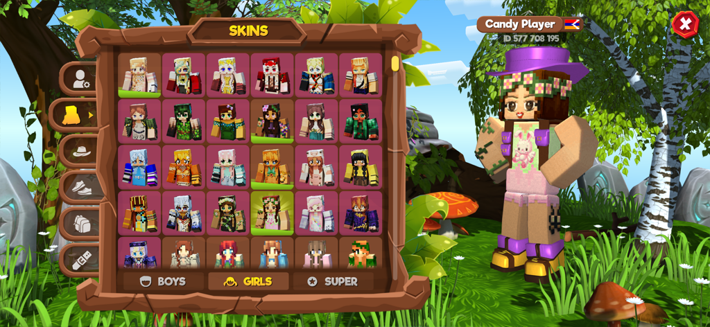Pony World Craft - Character customization menu in Pony World Craft with a grid of voxel skins and a previewed avatar