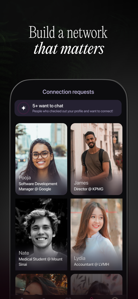 Clockout - Network Socially - Clockout app screen displaying connection requests from professionals at Google and KPMG with the headline Build a network that matters