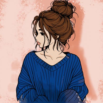 realistic girl wearing a messy bun and an oversized sweater