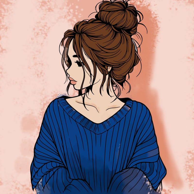 realistic girl wearing a messy bun and an oversized sweater