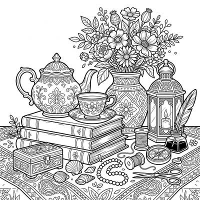 Discover a world of intricate details with this beautiful still life coloring page. Featuring an elegant collection of classic items, it offers a calming and engaging artistic escape for colorists.