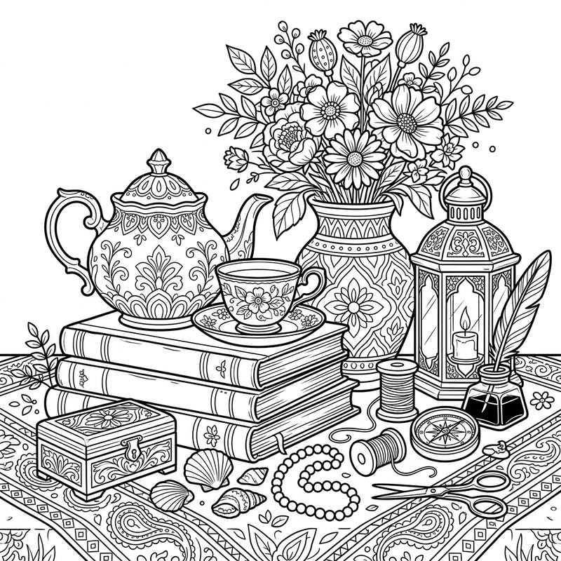 Discover a world of intricate details with this beautiful still life coloring page. Featuring an elegant collection of classic items, it offers a calming and engaging artistic escape for colorists.