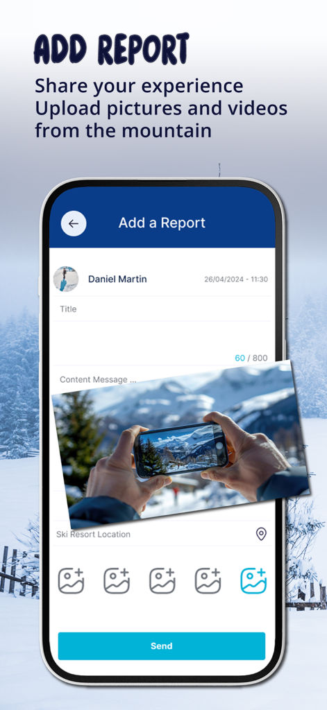 SnowBuzz - Interfaz de la aplicación móvil SnowBuzz para crear un reporte de montaña y subir fotos de las condiciones de la nieve