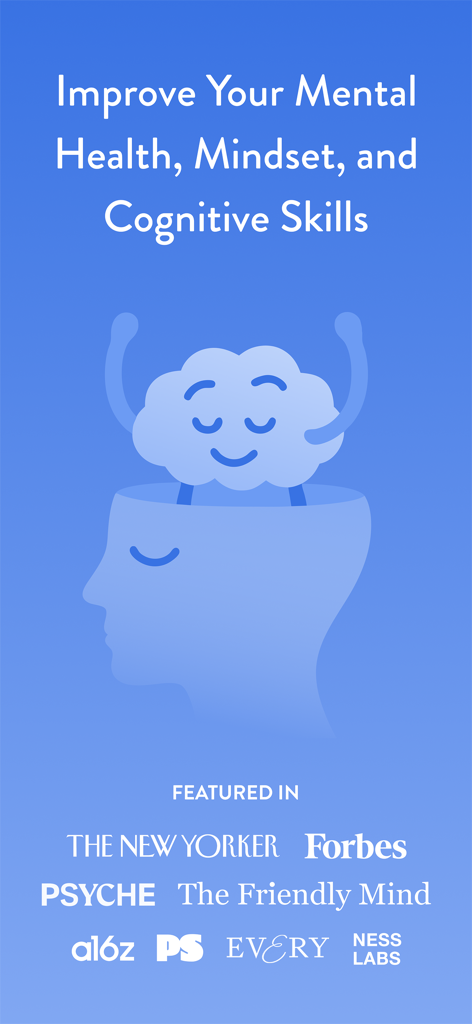 Mindsera: Daily AI Journaling - マインドセラアプリの画面、笑顔の脳のイラストとメンタルヘルスと認知スキル向上に関するテキストを表示
