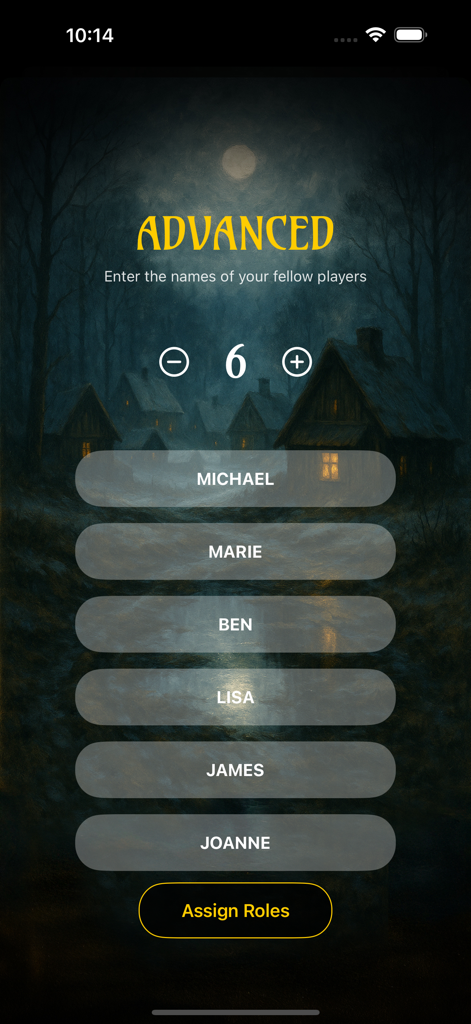 WOLF - Party Game - Player name entry screen in the WOLF app showing six participants and an assign roles button