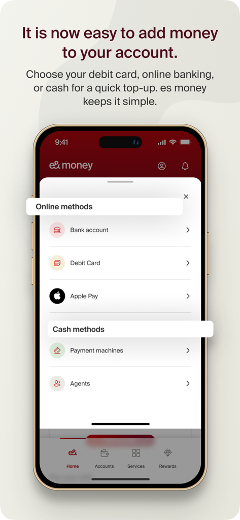 e and money UAE mobile app showing various options to add money including bank account debit card apple pay and cash methods